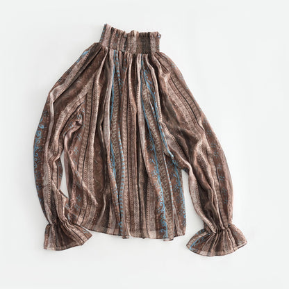 【トップス】新作 レディース ハイネック 花柄 シャーリング ブラウス フリル デザイン 春秋コーデ トレンド【SHシリーズ】