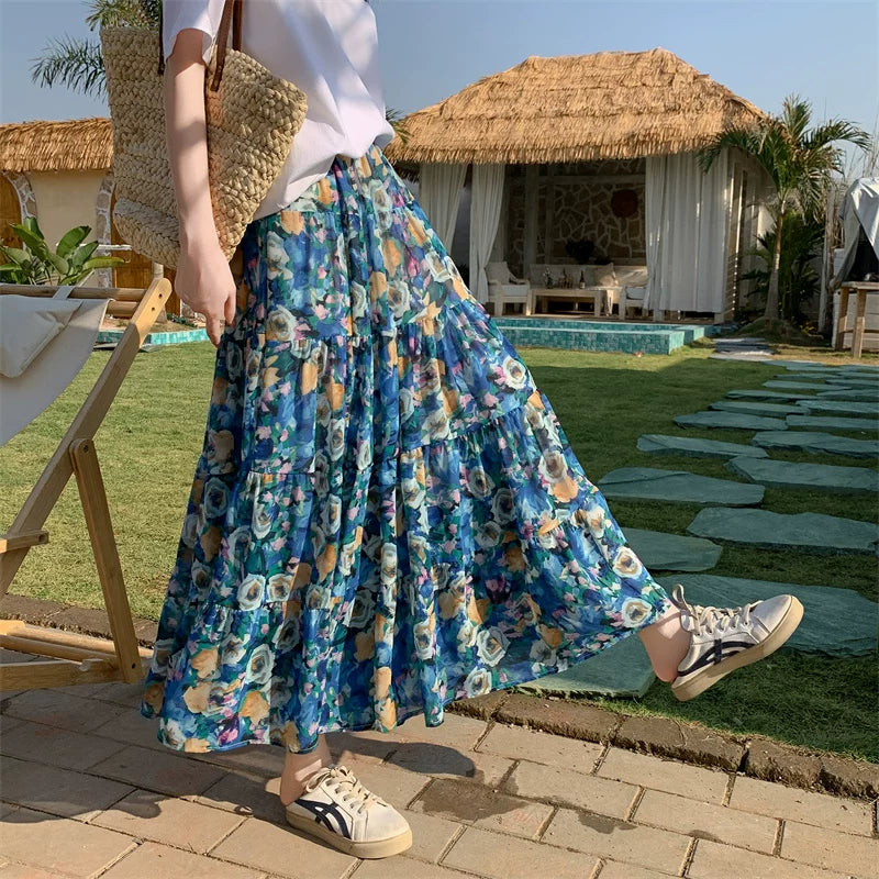 【ボトムス】ボヘミアン風 フレンチ油絵 プリント 大振裾 スカート 【SHシリーズ】