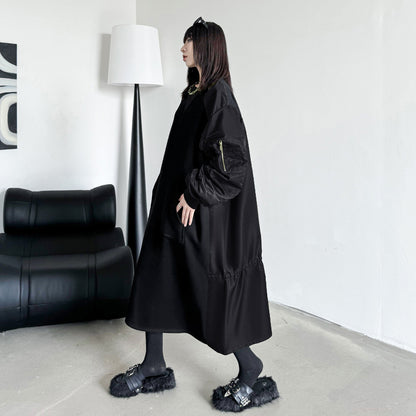 【ワンピース】春 秋 冬 クルーネック プリーツ配色切替 長袖 ワンピース 【AHシリーズ】