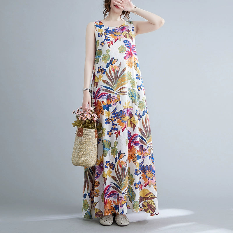 【ワンピース】レトロ カジュアル 定番 夏 フラワープリント ノースリーブ チュニックワンピース【SHシリーズ】