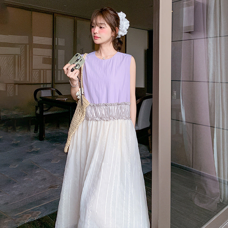 【ワンピース】韓国風  夏 シンプル  ゆったり 配色 ノースリーブワンピース