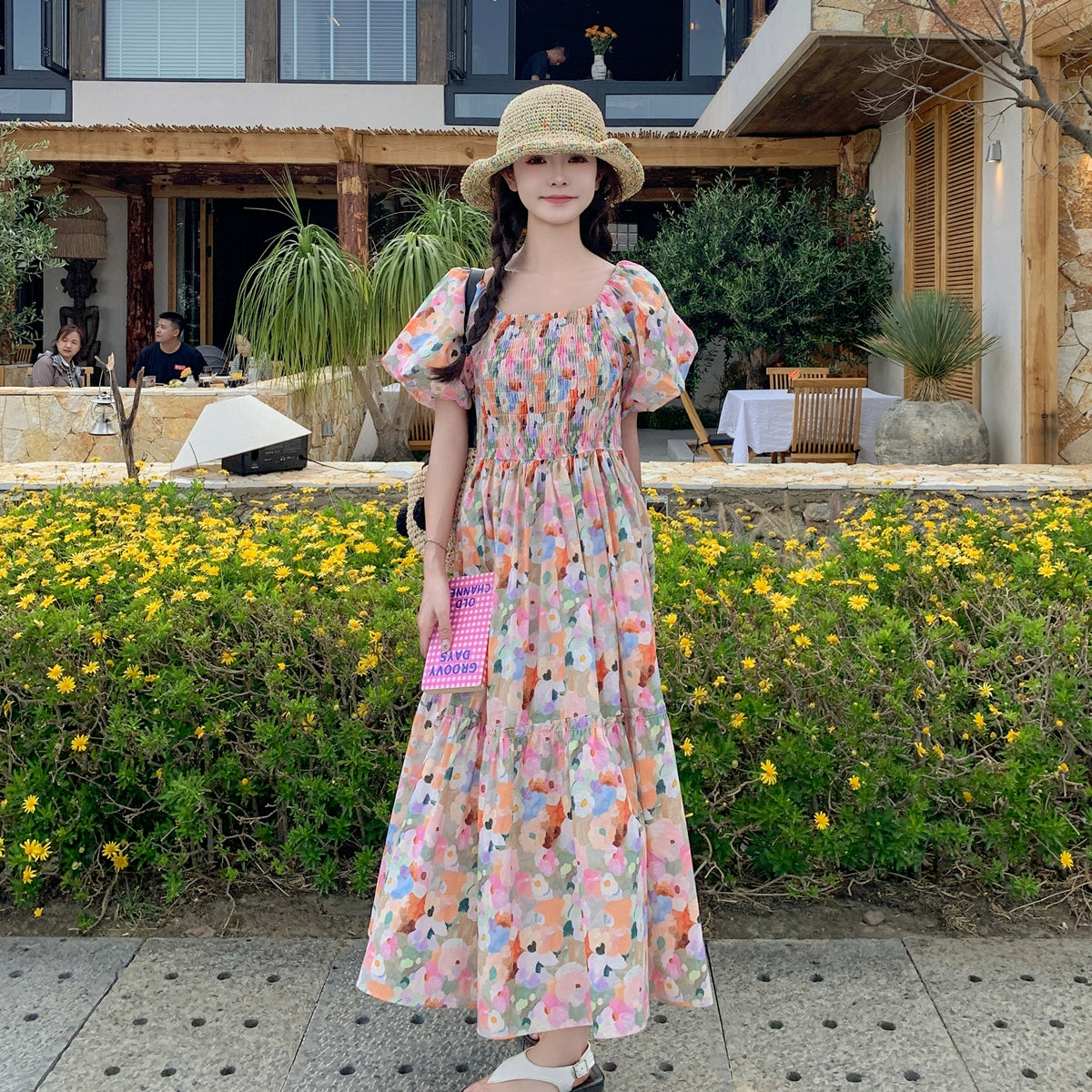 【ワンピース】ピンクプリント パフスリーブ 夏 カントリー風 半袖ワンピース【SHシリーズ】