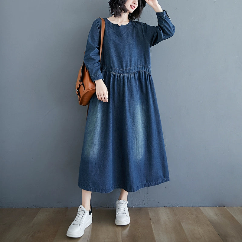 【ワンピース】大きいサイズ デニムワンピ 長袖 レディース 春秋コーデ ゆったり ロング丈 カジュアル 上品【JZシリーズ】