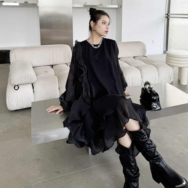 【ワンピース】春 秋 冬 オーガンジー切替 ゆったり ティアード ワンピース 【AHシリーズ】