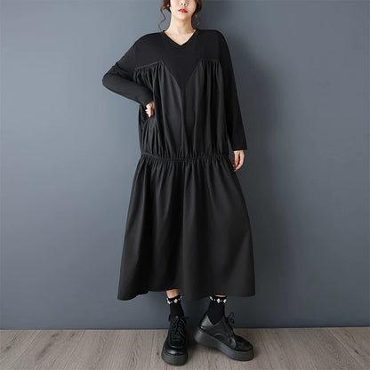 【60%OFF⭐️早い者勝ち】【ワンピース】ヴィンテージ ワンピース 長袖 切替 ビッグVネック ゆったり リラックス感 デザイン レディース【AHシリーズ】