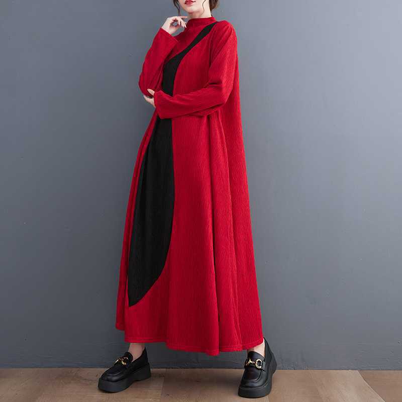 【ワンピース】文芸風 韓国風 配色切替 長袖 アシンメトリー ワンピース ミモレ丈 着痩せ シンプル【AHシリーズ】