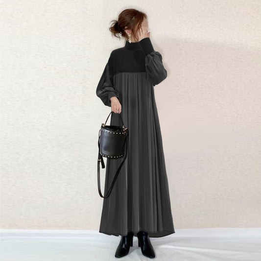 【ワンピース】秋冬 新作 ニット長袖ワンピース レディース パッチワーク ブラック×グレー プリーツ デザイン