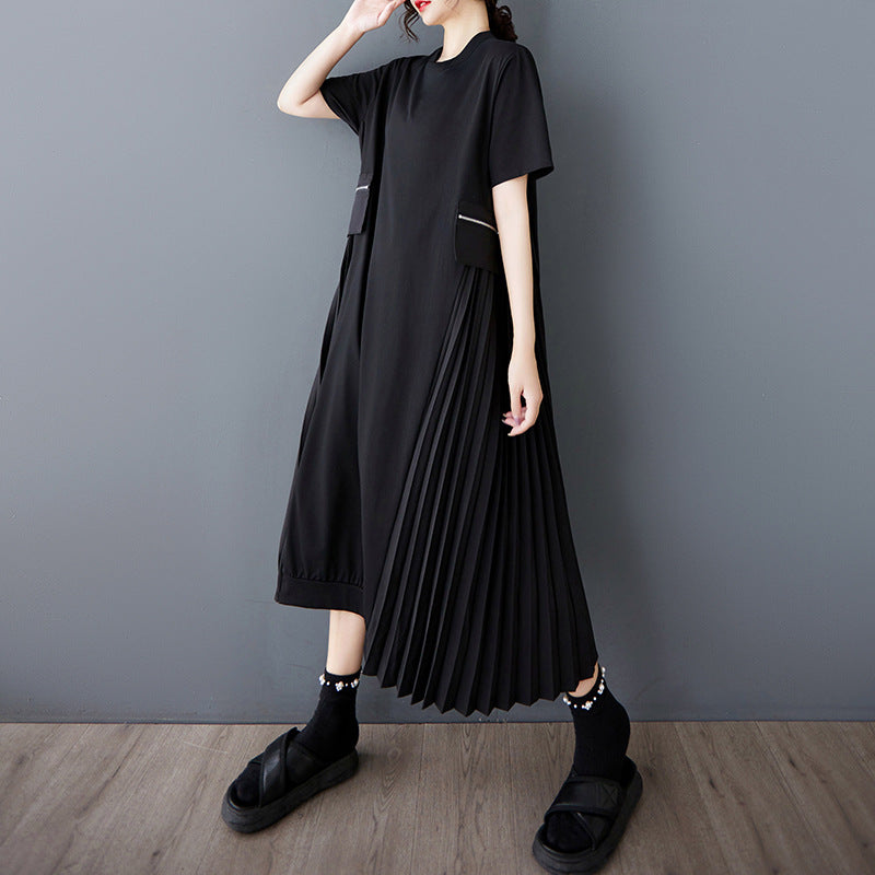 【ワンピース】夏新作 韓国風 ラウンドネック ゆったりジップアップデザイン 気質 半袖ワンピース【AHシリーズ】