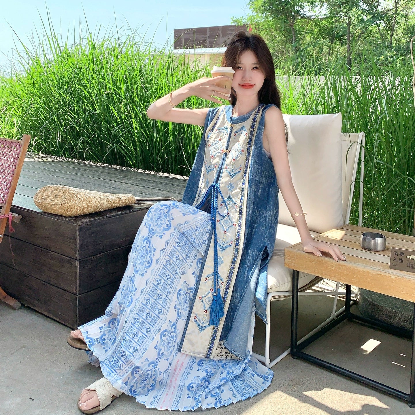 2点セット！【セットアップ】夏 ボヘミアン民族風プリント ベストワンピース＋スカート 2点セット【SHシリーズ】