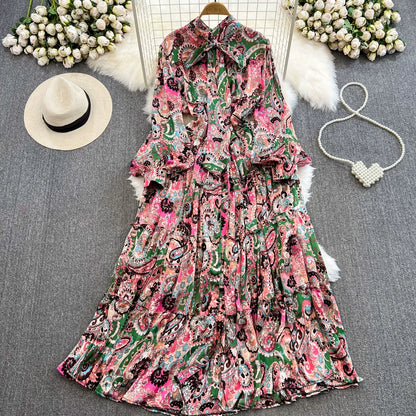 【ワンピース】シングルボタン プリント レディライク フレア 長袖 ワンピース 【SHシリーズ】