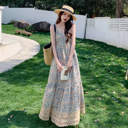【ワンピース】バカンス映え ボヘミアン ノースリーブワンピース 花柄ロング丈 夏新作 リゾートスタイル【SHシリーズ】