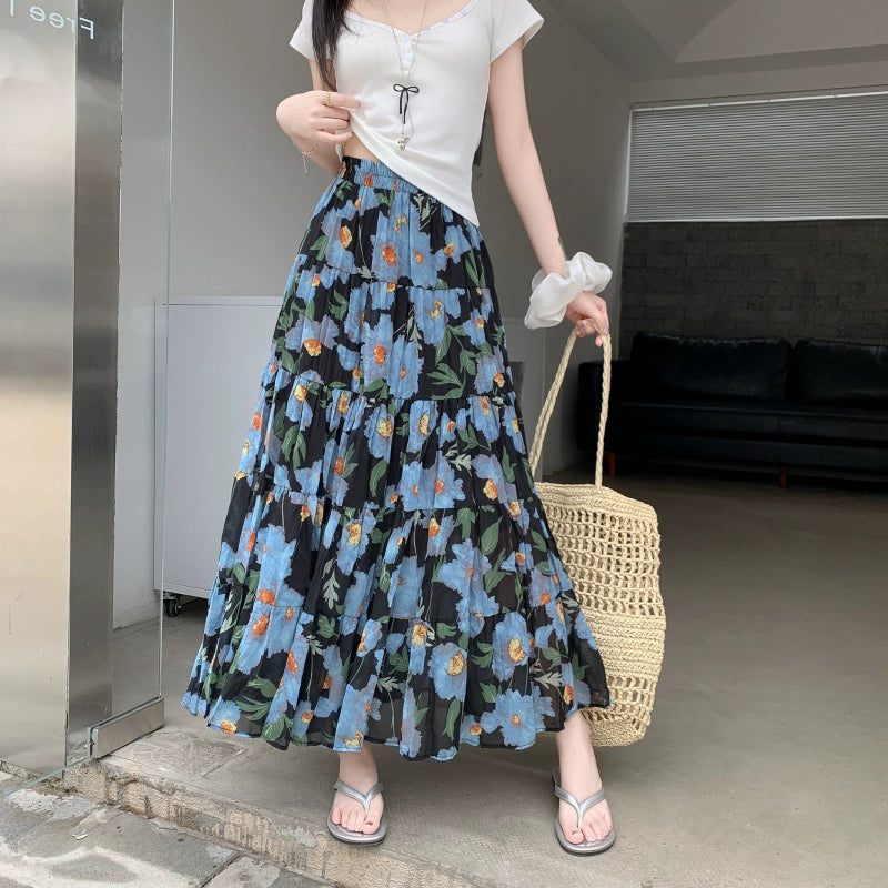 【ボトムス】夏 ヒップカバー ハイウエスト Aライン フラワープリント シフォンスカート【SHシリーズ】