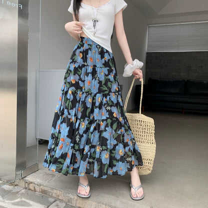 【ボトムス】夏 ヒップカバー ハイウエスト Aライン フラワープリント シフォンスカート【SHシリーズ】