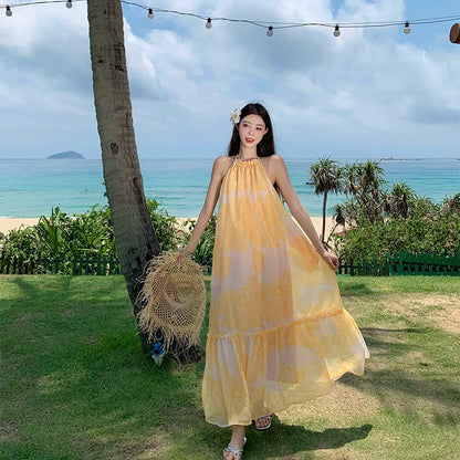 【ワンピース】リゾート風 イエロー ノースリーブ 花柄ワンピース レディース 夏 背中開き ロング丈 海コーデ 大人可愛い【SHシリーズ】