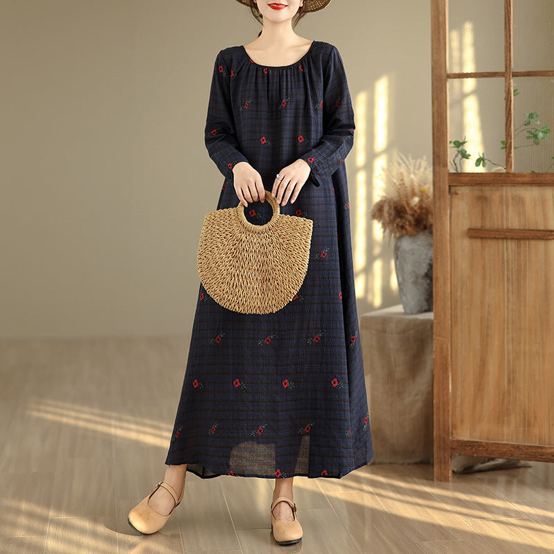 寬鬆花卉長袖長洋裝｜圓領休閒度假風連身裙【SH系列】