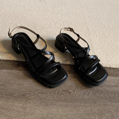 【シューズ】フレンチヴィンテージ クロスストラップ スクエアトゥサンダル 太ヒール ローマ風 新作