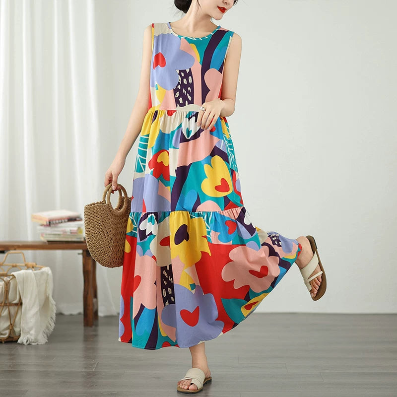 期間限定⭐60%OFF【ワンピース】お腹カバー ワンピース ロング 夏 ノースリーブ 花柄 フレア 裾揺れ 大人の大きいサイズ 部屋着 外出 シンプル マキシ丈 20代 30代 40代【SHシリーズ】