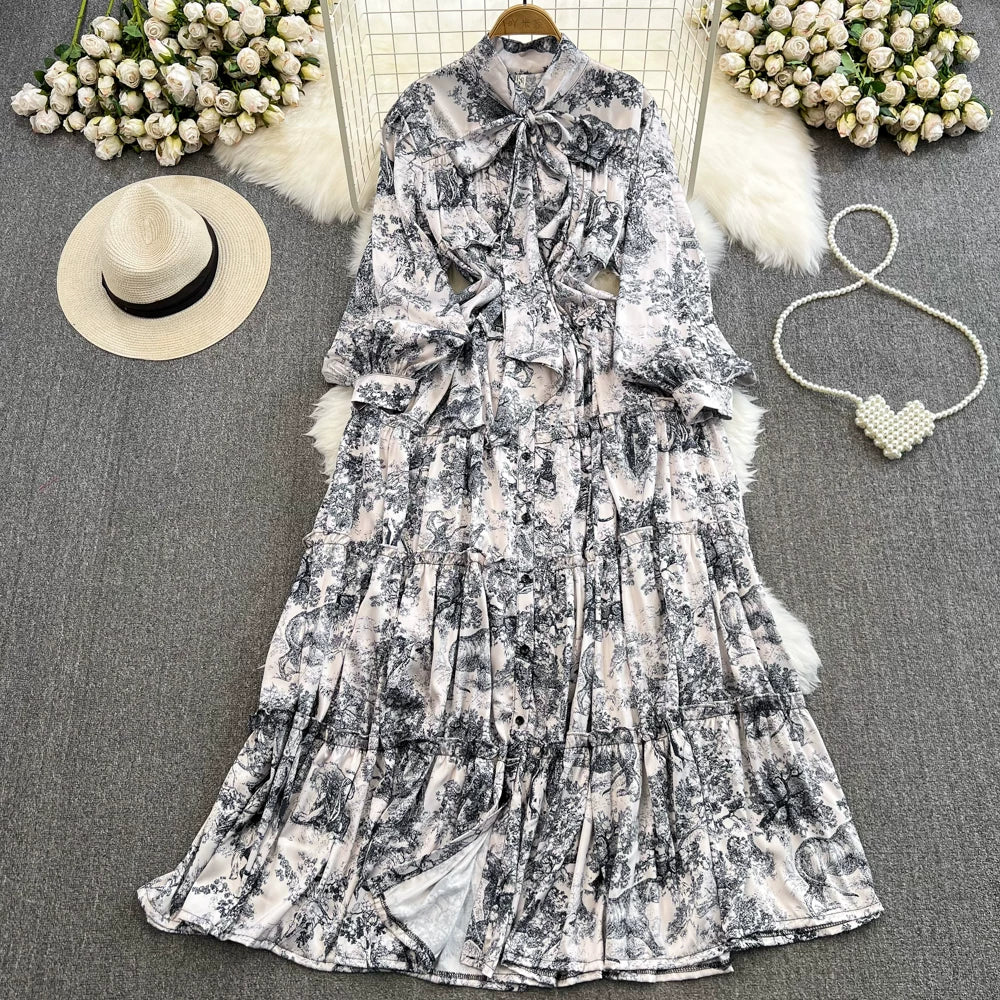 【ワンピース】シングルボタン プリント レディライク フレア 長袖 ワンピース 【SHシリーズ】