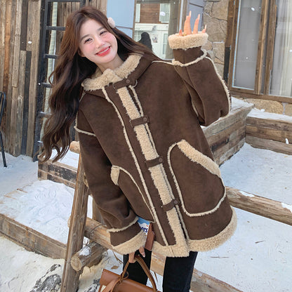 【アウター】キャメルスエード調フード付きフェイクムートンコート 冬 カラー切替 ボア裏地 保温 中綿ジャケット レディース【JZシリーズ】