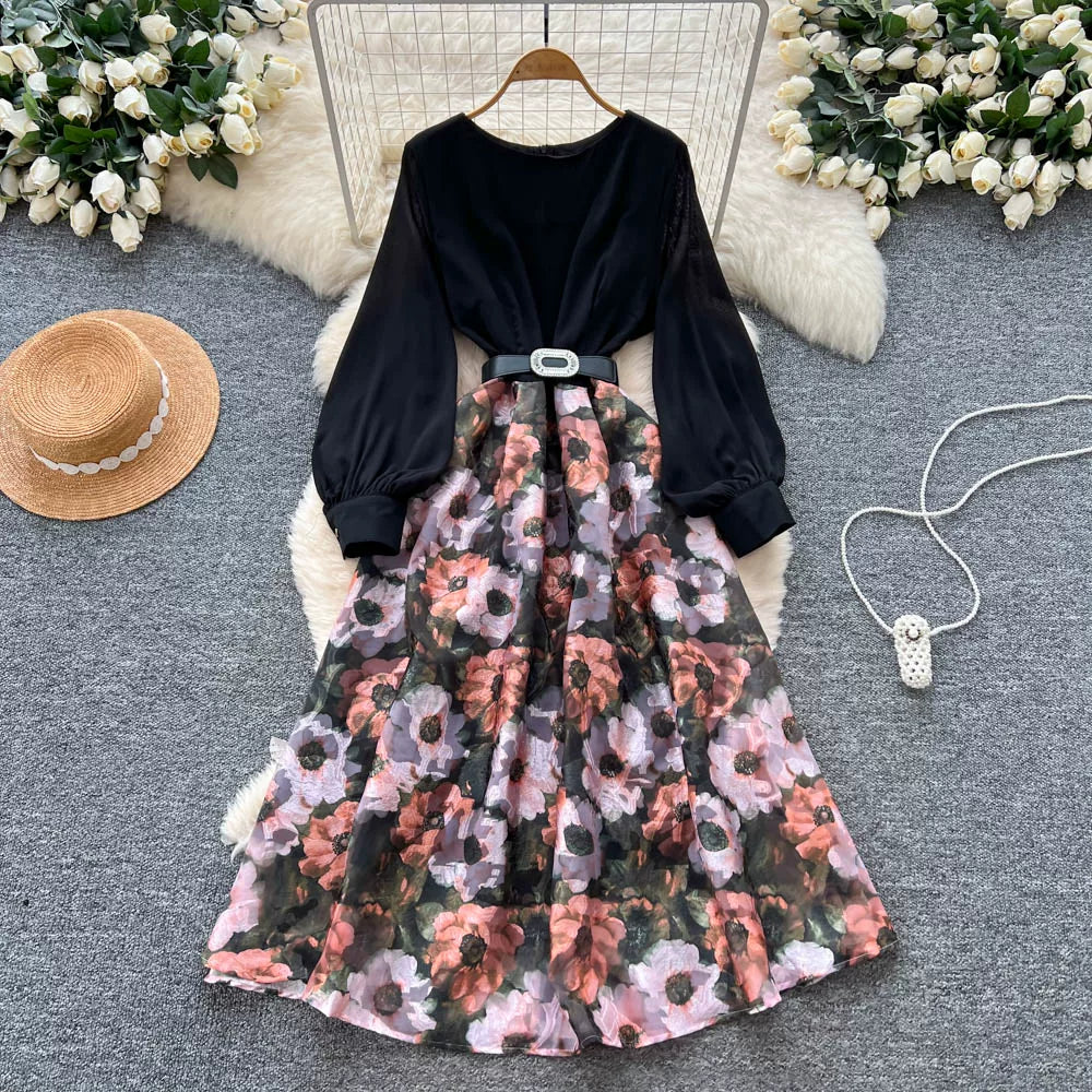 【ワンピース】フレンチ 花柄 切替 ウエストリボン 長袖 エレガント ロングワンピース【SHシリーズ】