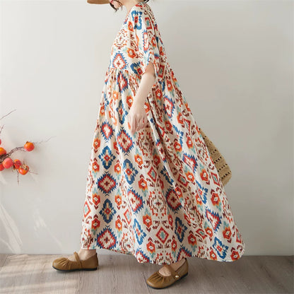 【ワンピース】膝下丈 幾何学柄 プリント お腹周りカバー ボリュームフレア ワンピース 【SHシリーズ】