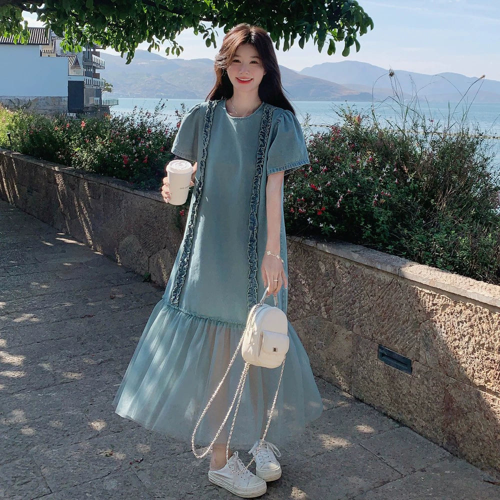 【ワンピース】クール系ハイセンス 配色デザイン デニム切替 半袖ワンピース【SHシリーズ】