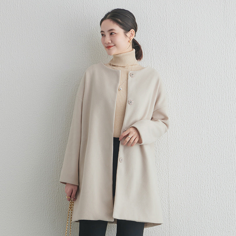 【アウター】春 秋 冬 ラウンドネック ボタン留め メルトン コート