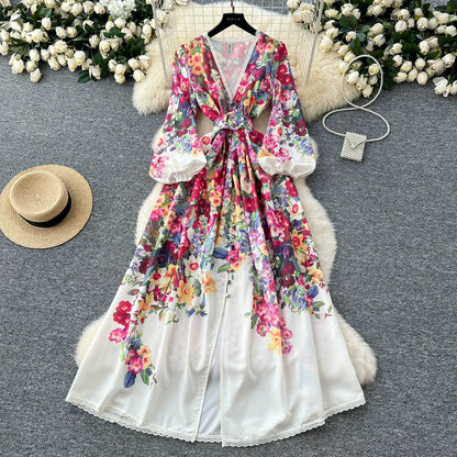 5柄展開🎨【ワンピース】レースフリル花柄ワンピース レディース 春新作 Vネック ボタン付き フィットシルエット フレンチ風【SHシリーズ】