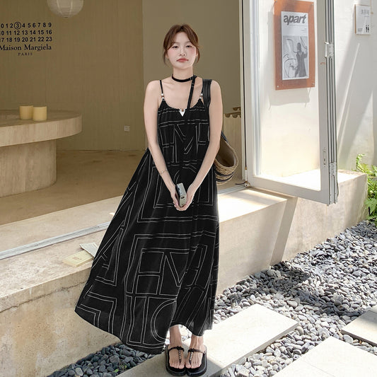 【ワンピース】バカンス配色ジオメトリックプリント リラックス感細見え ノースリーブキャミワンピース【SHシリーズ】