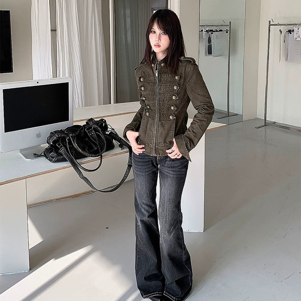 【ボトムス】ウォッシュ加工フレアデニム レディース 春秋新作 ブラック ヴィンテージ風 美脚見え【FCシリーズ】