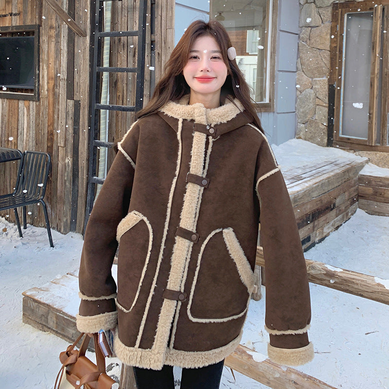 【アウター】キャメルスエード調フード付きフェイクムートンコート 冬 カラー切替 ボア裏地 保温 中綿ジャケット レディース【JZシリーズ】