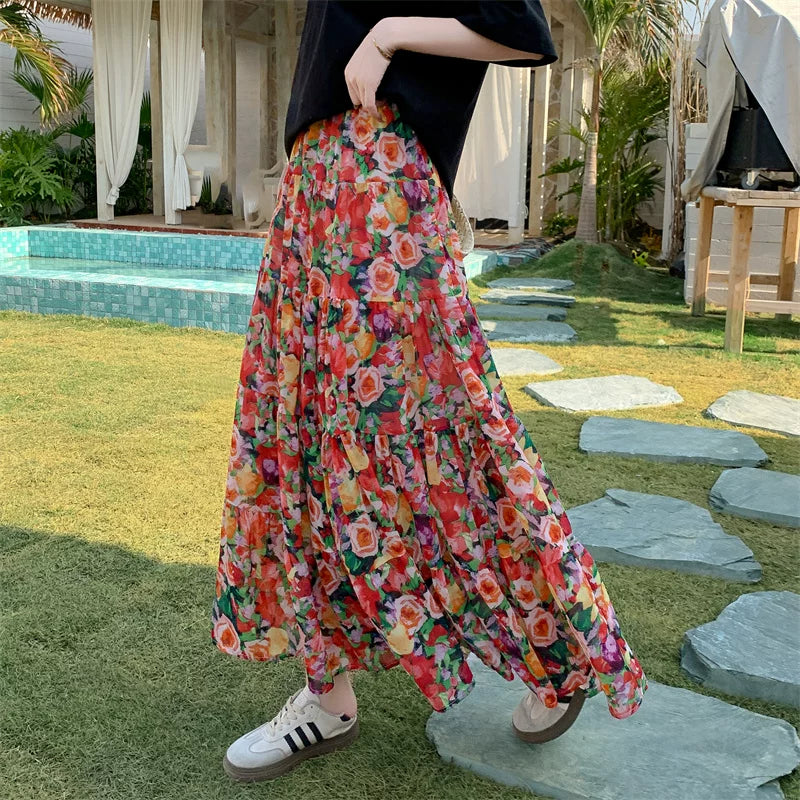 【ボトムス】ボヘミアン風 フレンチ油絵 プリント 大振裾 スカート 【SHシリーズ】