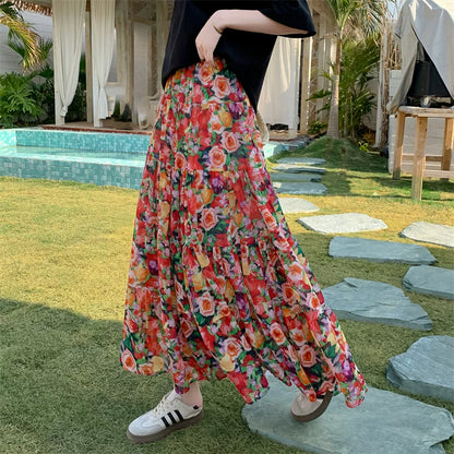 【ボトムス】ボヘミアン風 フレンチ油絵 プリント 大振裾 スカート 【SHシリーズ】