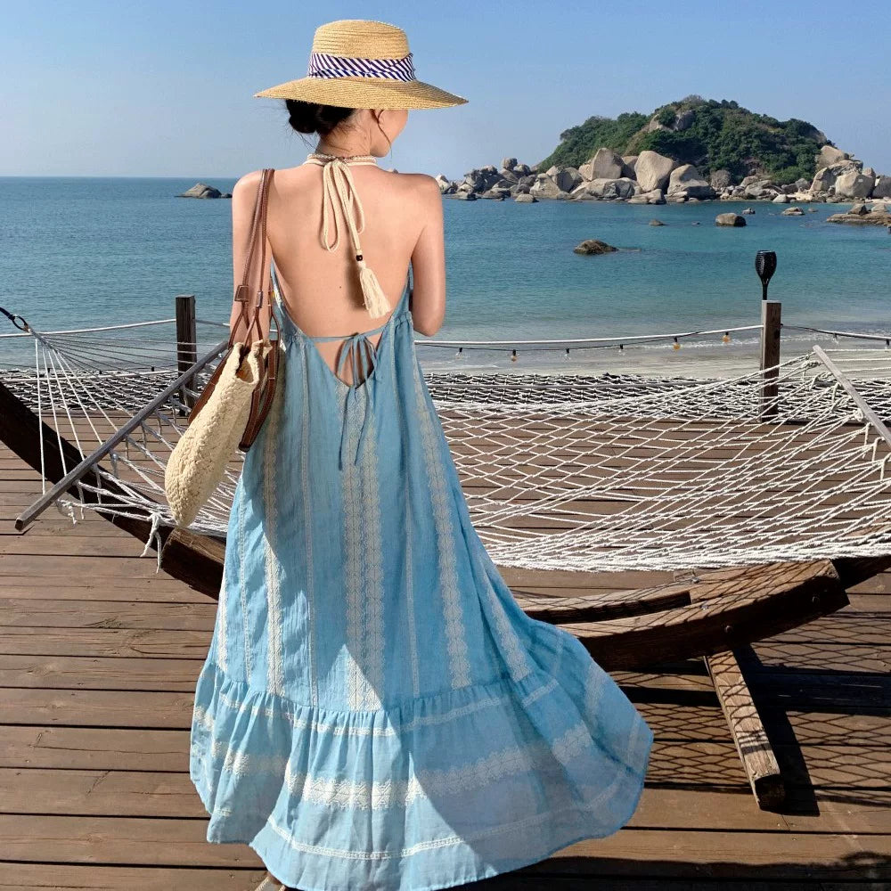 【ワンピース】リゾート風 ライトブルー 刺繍ワンピース レディース 夏 ホルターネック ノースリーブ ロング丈 バックオープン 大人上品【SHシリーズ】