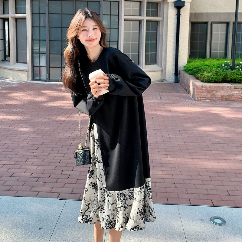 【ワンピース】春 秋 冬 大人フェミニン 墨絵プリント 気質よい 着痩せ 長袖ワンピース【SHシリーズ】