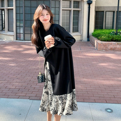 【ワンピース】春 秋 冬 大人フェミニン 墨絵プリント 気質よい 着痩せ 長袖ワンピース【SHシリーズ】