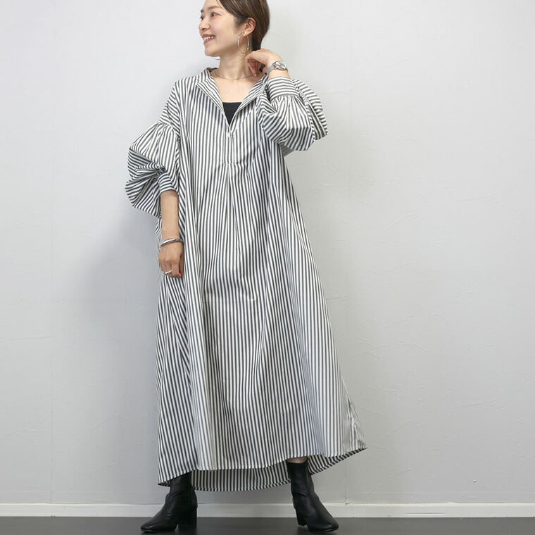 【24AW】【ワンピース】日系 ゆったり プラスサイズ しま模様 シャツ 長袖ワンピース