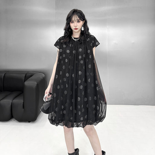 【ワンピース】ワンピース 夏 ドット柄 メッシュ切替 半袖ワンピース ロング丈 ゆったり 体型カバー【AHシリーズ】