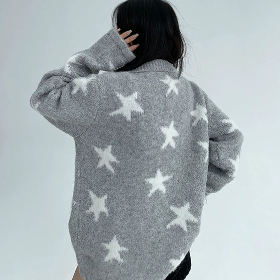 【アウター】韓国風 レトロ 星柄 合わせやすい oversize ニットセーター ジャケット【FCシリーズ】