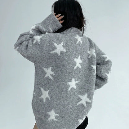 【アウター】韓国風 レトロ 星柄 合わせやすい oversize ニットセーター ジャケット【FCシリーズ】