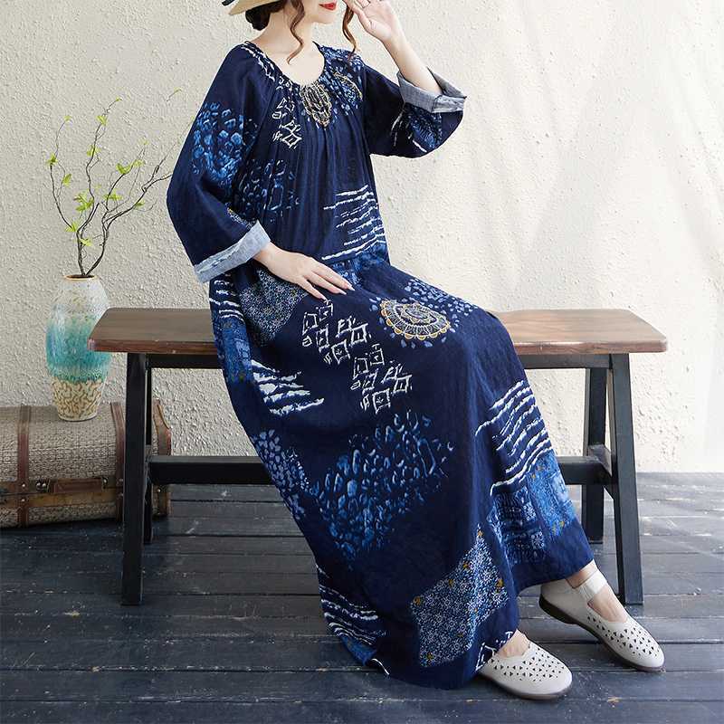 【ワンピース】春 秋 夏 クルーネック ギャザー入り プリント 長袖 ワンピース 【SHシリーズ】