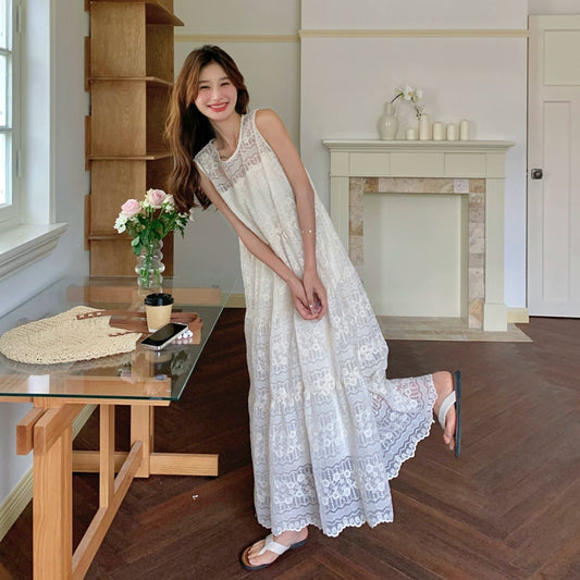 【ワンピース】夏 海辺リゾート風 レース刺繍 ロング丈 気質スタイル ノースリーブワンピース