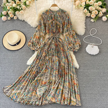 【ワンピース】ラウンドネック サテン プリント プリーツ 長袖 ワンピース 【SHシリーズ】