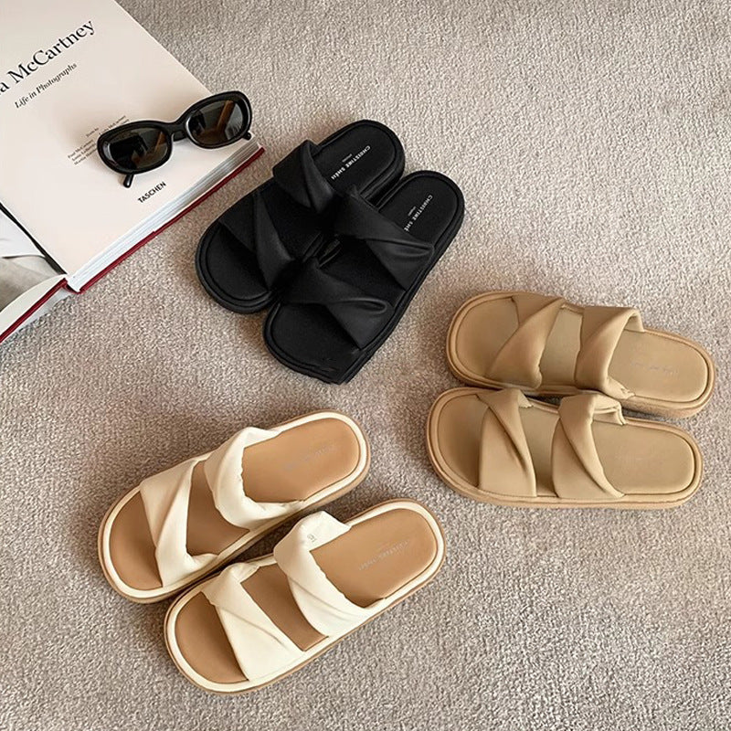 【シューズ】夏新作 ツイストワンストラップ 厚底カジュアルサンダル レディース 外履き対応
