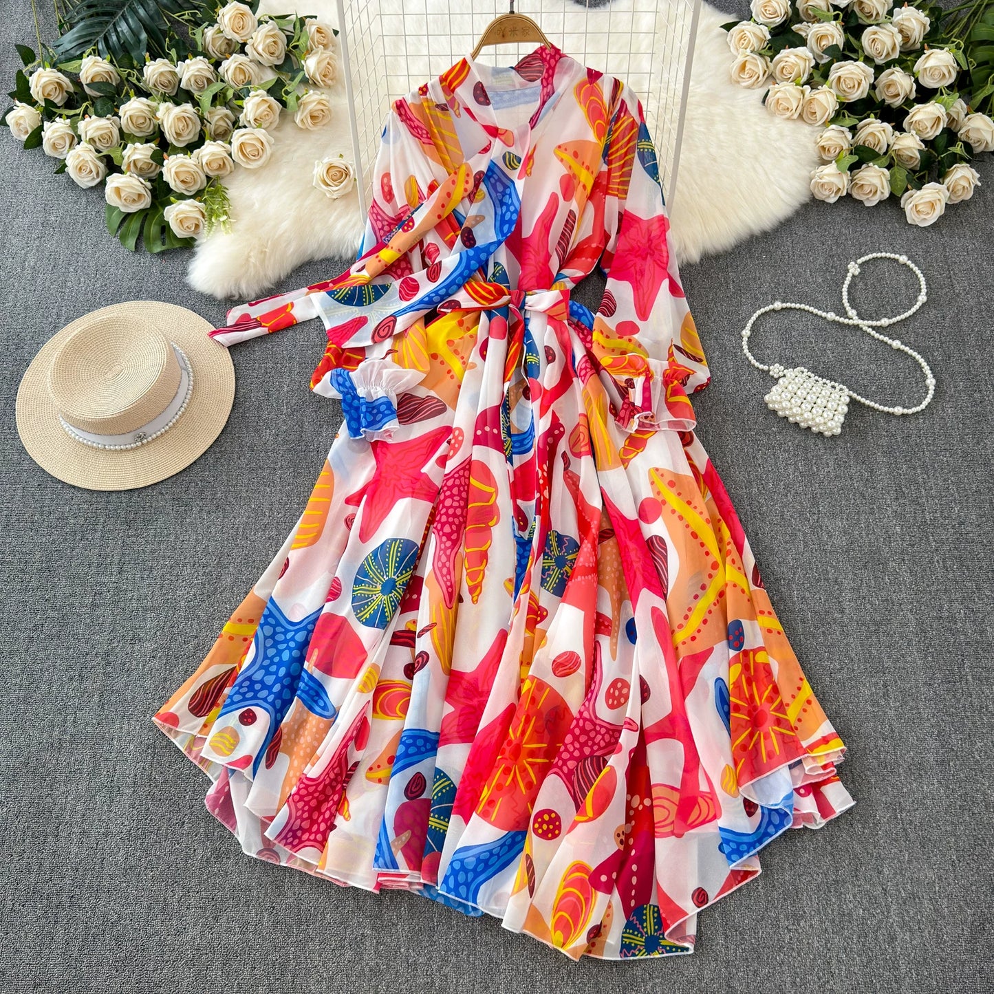 【ワンピース】フレンチエレガンス 気質 レディース シフォン 長袖ワンピース 蝶結びネック フレア 大人可愛い【SHシリーズ】