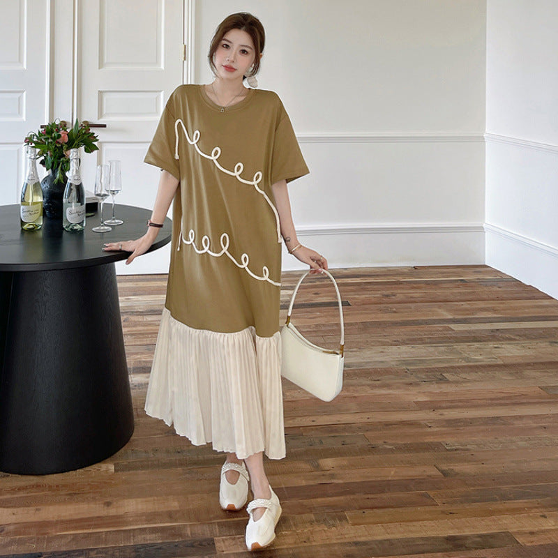 【ワンピース】☀️夏 新作 大きいサイズ レディース プリーツスカート 刺繍入り 重ね着風 半袖ワンピース ゆったり 体型カバー【JZシリーズ】