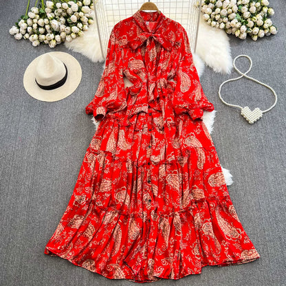 【ワンピース】シングルボタン プリント レディライク フレア 長袖 ワンピース 【SHシリーズ】