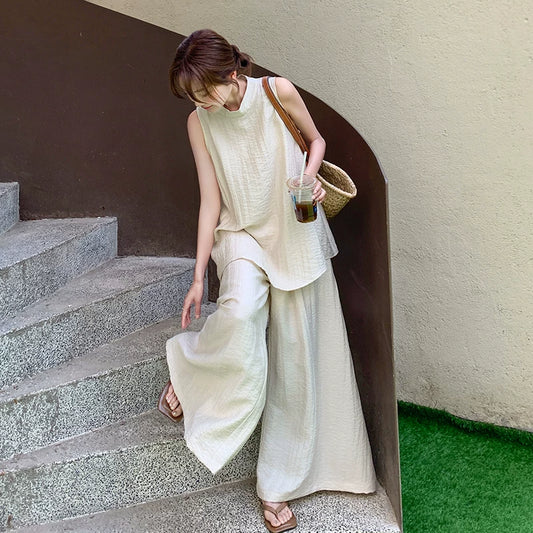 【セットアップ】あつさり 夏 新作 高級感 ゆったり ノースリーブトップス+ワイドパンツ 2点セット【JZシリーズ】