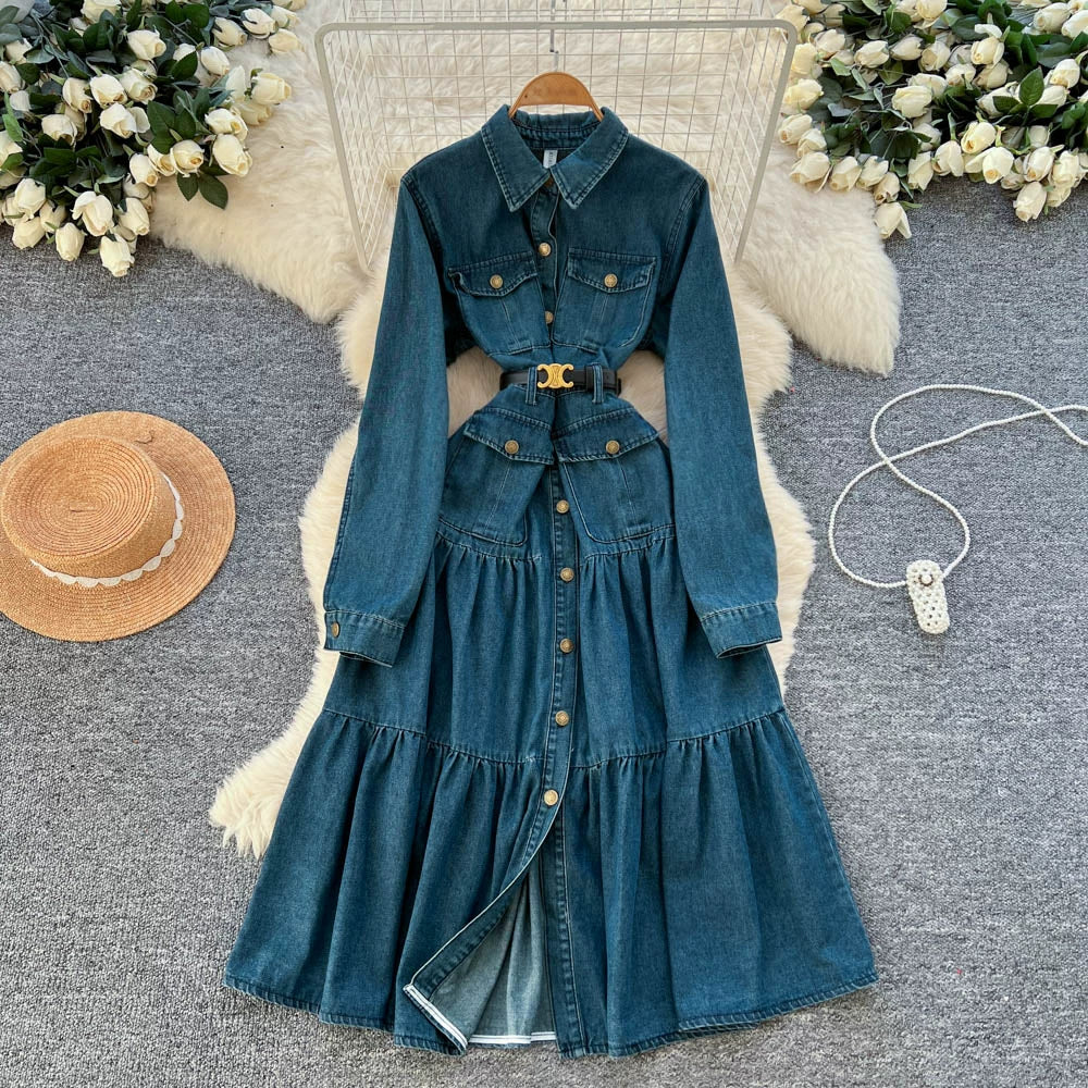 【ワンピース】フレンチ ヴィンテージ エレガント 大人カジュアル デニム 長袖ワンピース 秋【JZシリーズ】