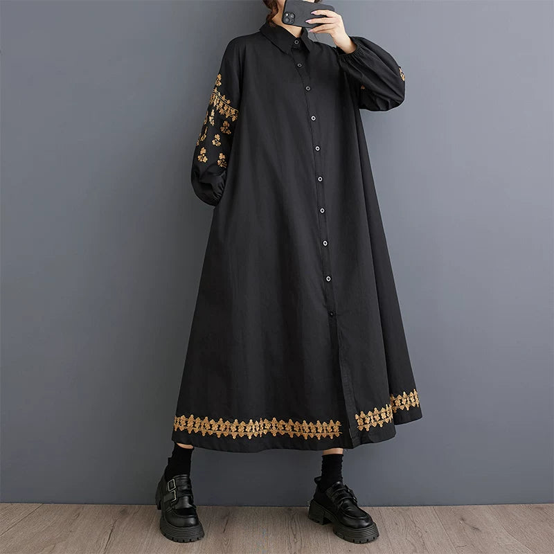 期間限定⭐️60%OFF【ワンピース】春秋新作 ワイドシルエット 大きいサイズ 刺繍アクセント 切り替えシャツワンピース 長袖【AHシリーズ】